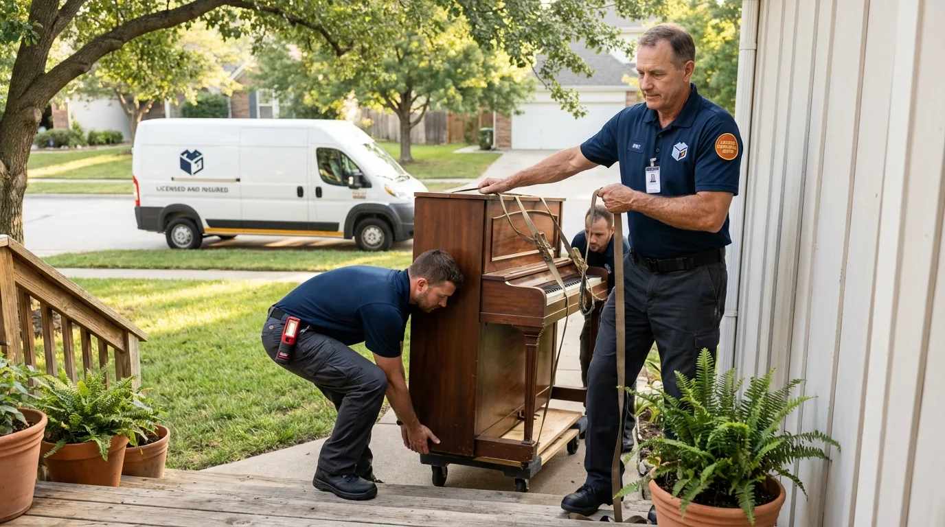 Licensed piano movers securing grand piano in Belton, SC
